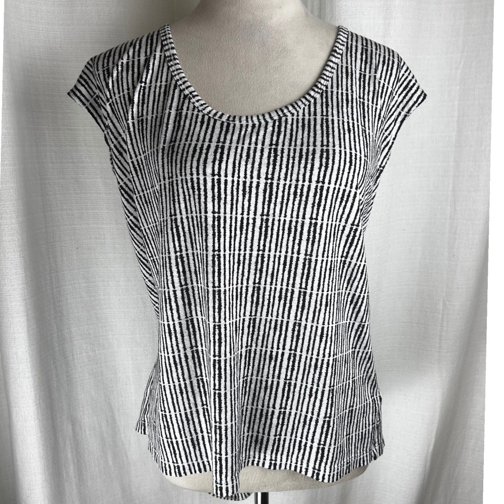 Athleta Womens Black & White Dash Stripe Cap Sleeve Scoop Neck Top 2X